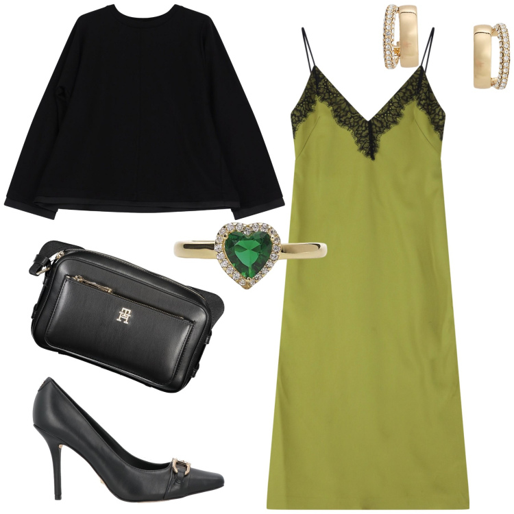 Outfit donna - L abito a sottoveste per lui. Stile Glamour per Serata fuori. Abbinamento con décolleté, anelli, vestiti midi/longuette, felpe, orecchini, borse a tracolla.