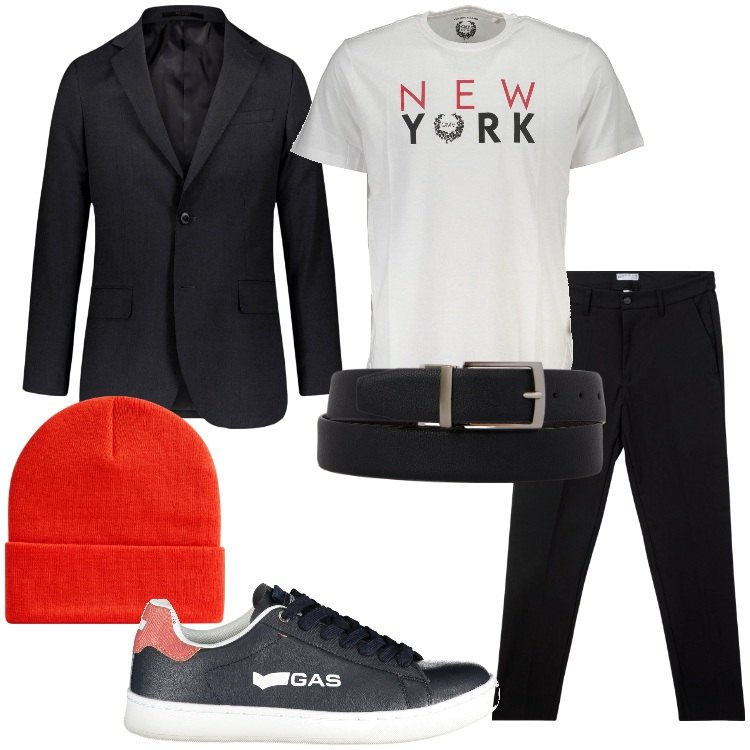 Outfit uomo - Il blazer classico abbinalo così. Stile Trendy per Serata speciale. Abbinamento con pantaloni chino, berretti, cinture, giacche, sneakers, t-shirt.