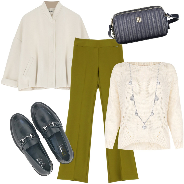 Outfit donna - I pantaloni per l\'autunno. Stile Minimal per Ufficio. Abbinamento con collane, pantaloni, maglieria, bomber, mocassini, borse a tracolla.