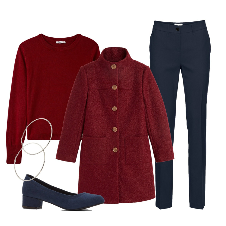 Outfit donna - Chic in bordeaux e blu. Stile Chic per Ufficio. Abbinamento con pantaloni, cappotti, décolleté, maglieria, orecchini.