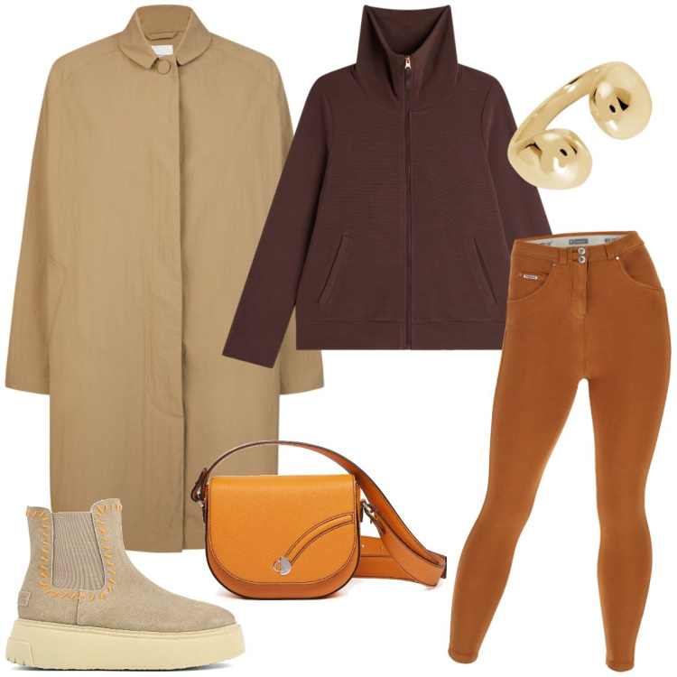 Outfit donna - Total look #1994097. Stile Sporty chic per Tutti i giorni. Abbinamento con anelli, pantaloni skinny, felpe, trench, stivaletti, borse a tracolla.