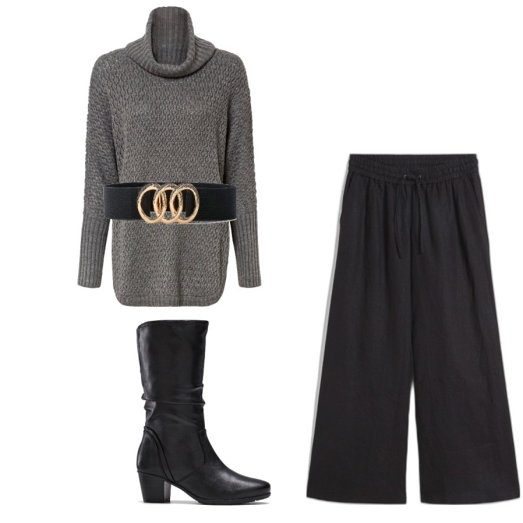 Outfit donna - La cintura. Stile Basic per Tutti i giorni. Abbinamento con cinture, stivali, pantaloni a palazzo, maglieria.