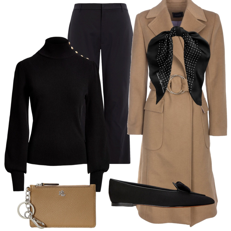 Outfit donna - It\'s bantoa. Stile Casual chic per Ufficio. Abbinamento con cappotti, foulard, maglieria, portafogli, pantaloni, mocassini.