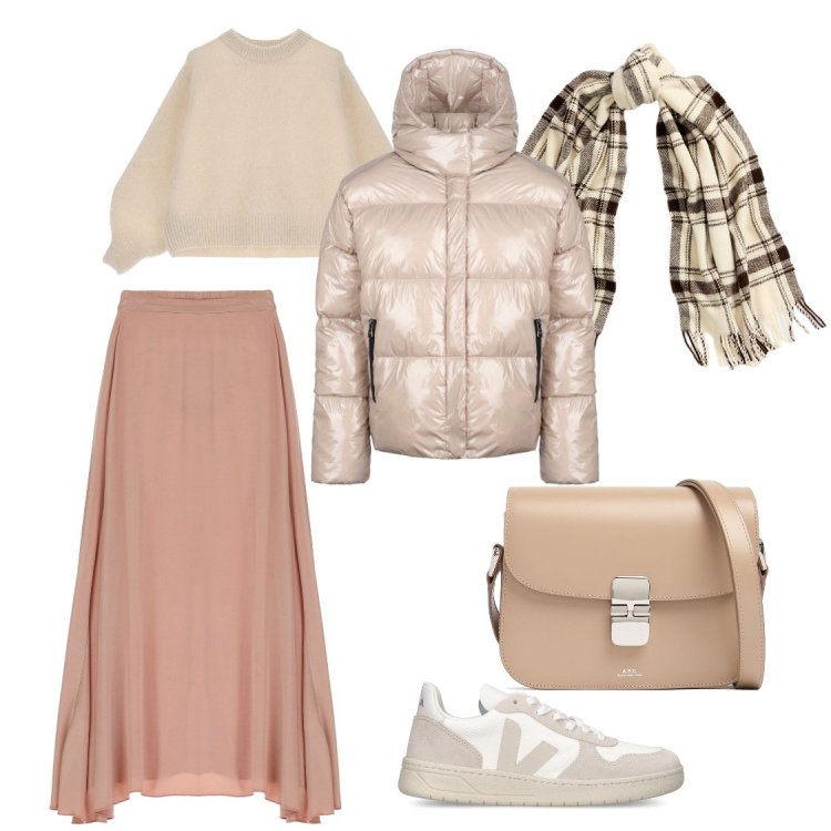 Outfit donna - Scala do rosa. Stile Casual chic per Tutti i giorni. Abbinamento con pullovers, gonne lunghe, sciarpe, blazer, borse a spalla, sneakers.