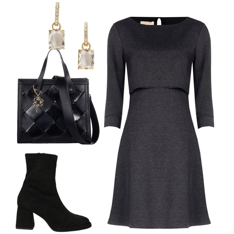Outfit donna - Abito in jersey perfect fit. Stile Minimal per Tutti i giorni. Abbinamento con orecchini, vestiti a tubino, borse a mano, stivaletti.