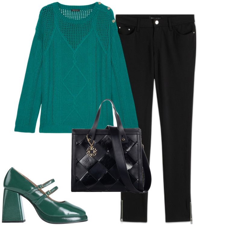 Outfit donna - City. Stile Urban per Tutti i giorni. Abbinamento con pantaloni, décolleté, borse a mano, maglieria.