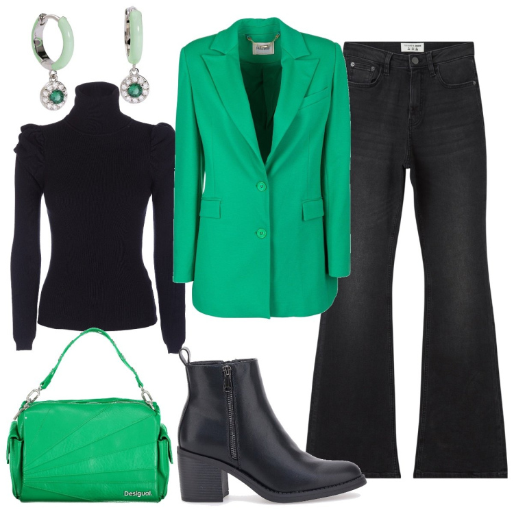Outfit donna - Why not green?. Stile Casual chic per Tutti i giorni. Abbinamento con jeans a zampa, orecchini, blazer, maglieria, stivaletti, borse a spalla.