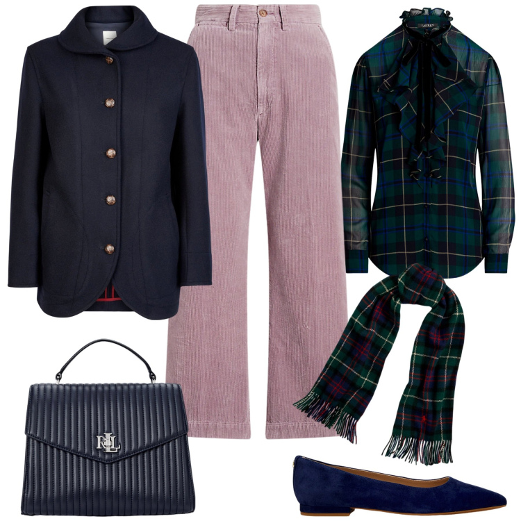 Outfit donna - Pantaloni in velluto. Stile Chic per Tutti i giorni. Abbinamento con sciarpe, pantaloni, camicie, borse a mano, ballerine, blazer.
