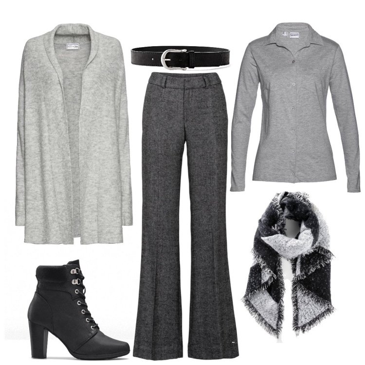 Outfit donna - Black and Grey. Stile Glamour per Ufficio. Abbinamento con pantaloni a palazzo, cardigans, stivaletti, cinture, camicie, sciarpe.