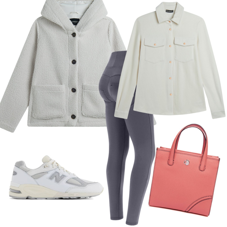 Outfit donna - Corallo sul grigio. Stile Sporty chic per Tutti i giorni. Abbinamento con sneakers, pantaloni skinny, camicie, blazer, shopping bag.