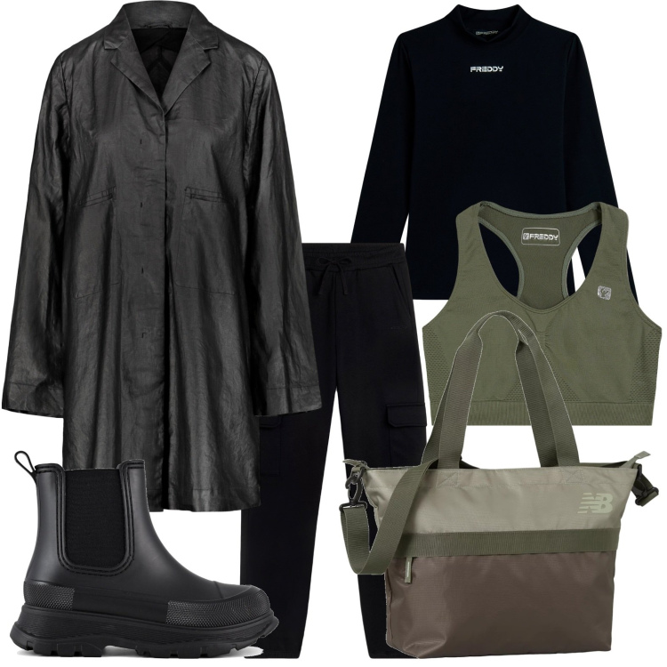 Outfit donna - Total look con soprabito. Stile Glamour per Tutti i giorni. Abbinamento con borse tote, reggiseni, maglieria, pantaloni cargo, stivali, trench.
