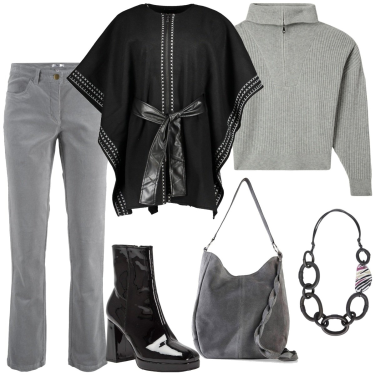 Outfit donna - Poncho con cintura. Stile Casual per Serata fuori. Abbinamento con pantaloni, borse a mano, maglieria, stivaletti, cappotti, collane.