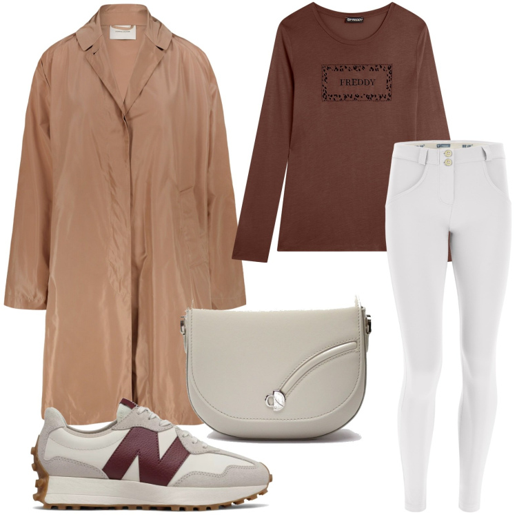 Outfit donna - Il soprabito autunnale. Stile Casual per Tutti i giorni. Abbinamento con sneakers, pantaloni skinny, t-shirt, trench, borse a tracolla.