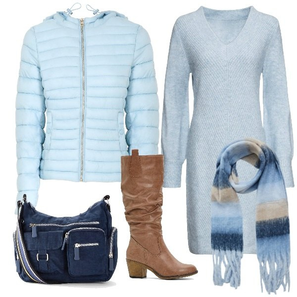 Outfit donna - Il vestito in maglia. Stile Casual per Ufficio. Abbinamento con vestiti, stivali, borse a tracolla, sciarpe, piumini.