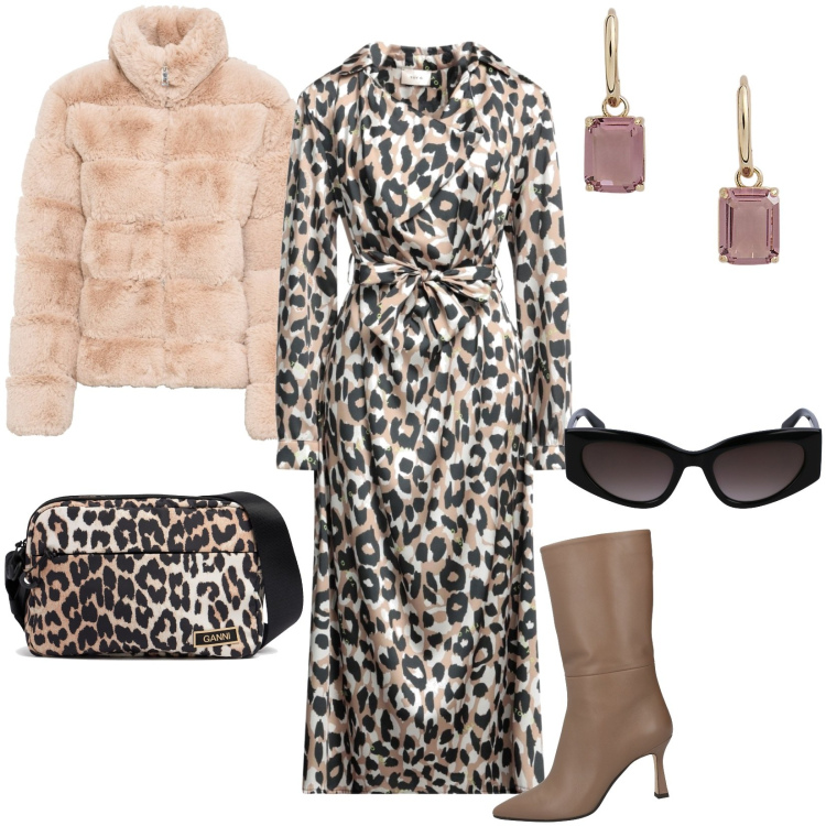Outfit donna - Vestito midi beige/animalier. Stile Chic per Serata fuori. Abbinamento con ecopellicce, vestiti midi/longuette, stivali, orecchini, occhiali da sole, borse a spalla.
