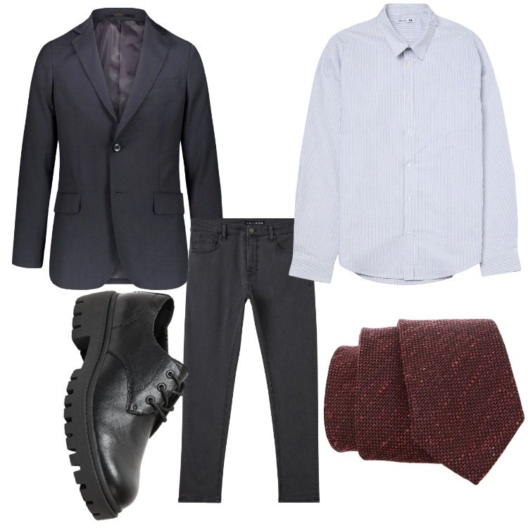 Outfit uomo - Blazer e cravatta. Stile Business/Elegante per Ufficio. Abbinamento con scarpe stringate, camicie, pantaloni skinny, cravatte, giacche.