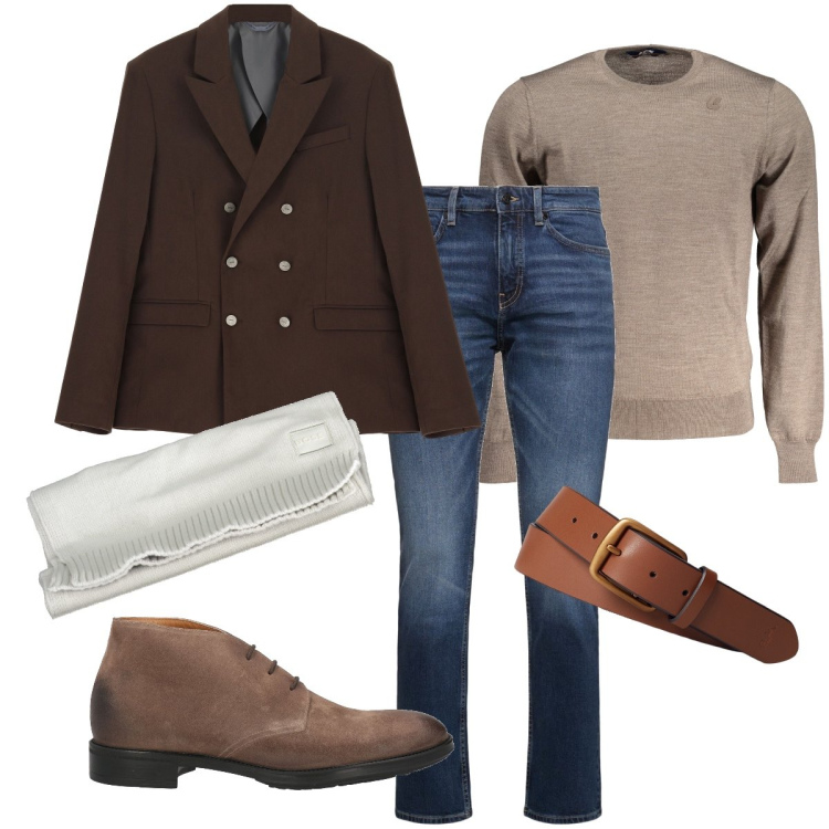 Outfit uomo - Classico con il casual. Stile Casual per Ufficio. Abbinamento con stivali e stivaletti, giacche, cinture, jeans, maglieria, sciarpe.