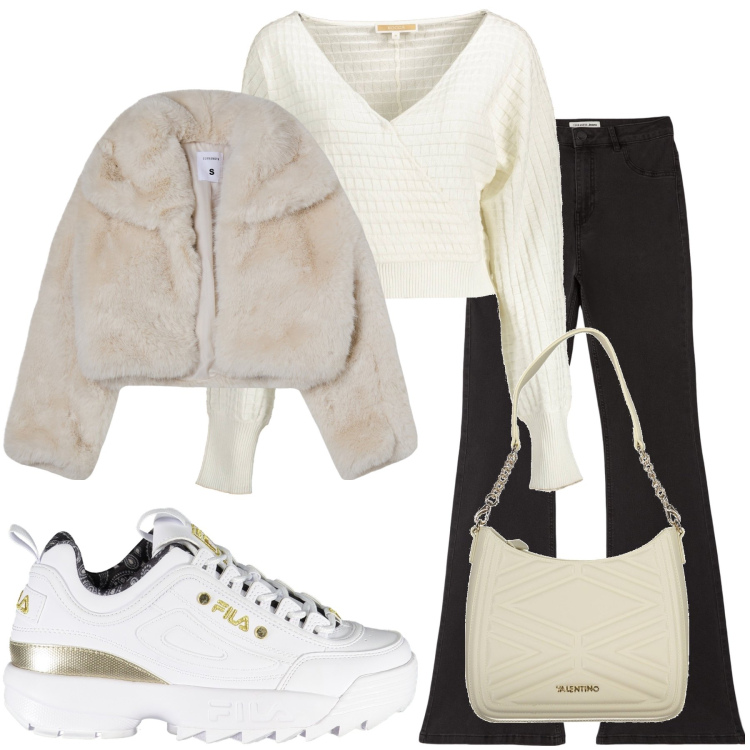 Outfit donna - Beige e nero. Stile Casual per Scuola/Università. Abbinamento con blazer, jeggings, maglieria, borse a spalla, sneakers.
