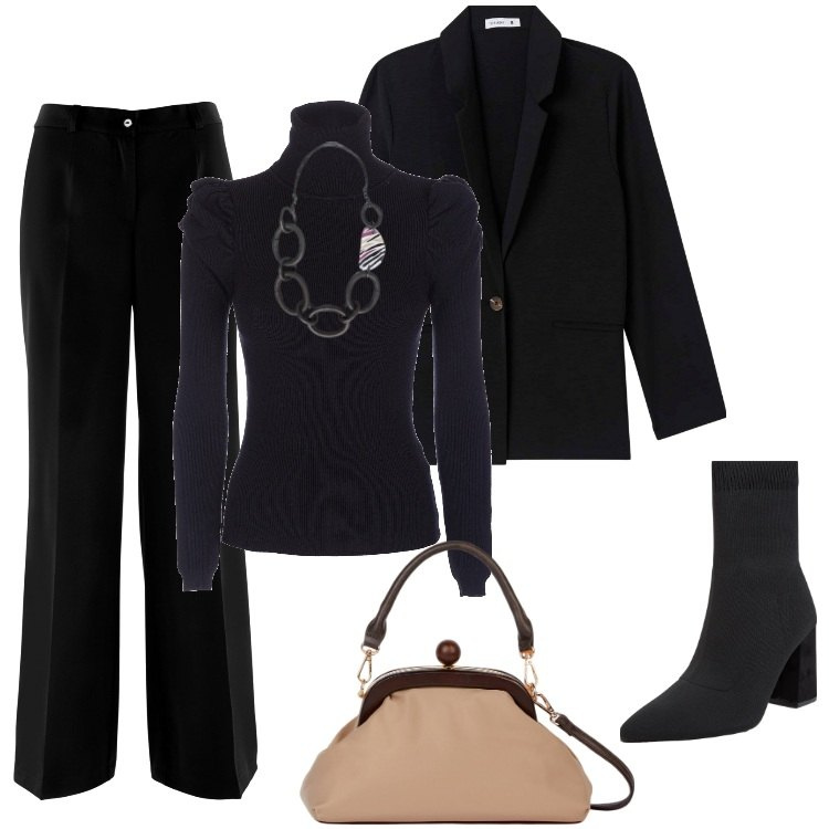 Outfit donna - Total look #1994180. Stile Casual chic per Ufficio. Abbinamento con pantaloni, stivaletti, blazer, maglieria, collane, clutch.