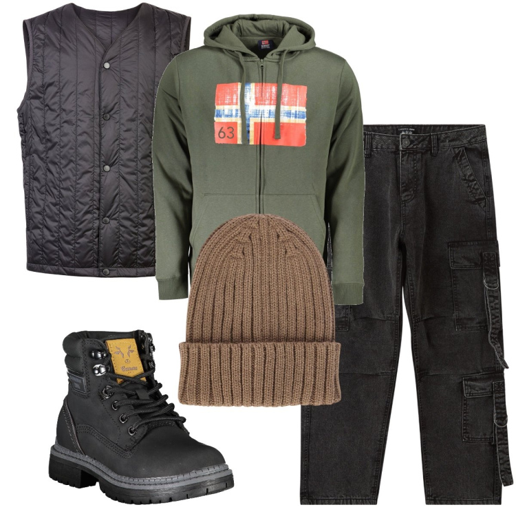 Outfit uomo - Il gilet trapuntato. Stile Urban per Tutti i giorni. Abbinamento con jeans, piumini, felpe con cappuccio, berretti, stivali.