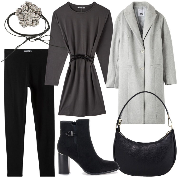 Outfit donna - Total look #1994193. Stile Casual chic per Tutti i giorni. Abbinamento con collane, vestiti midi/longuette, leggings, cappotti, borse a spalla, stivaletti.