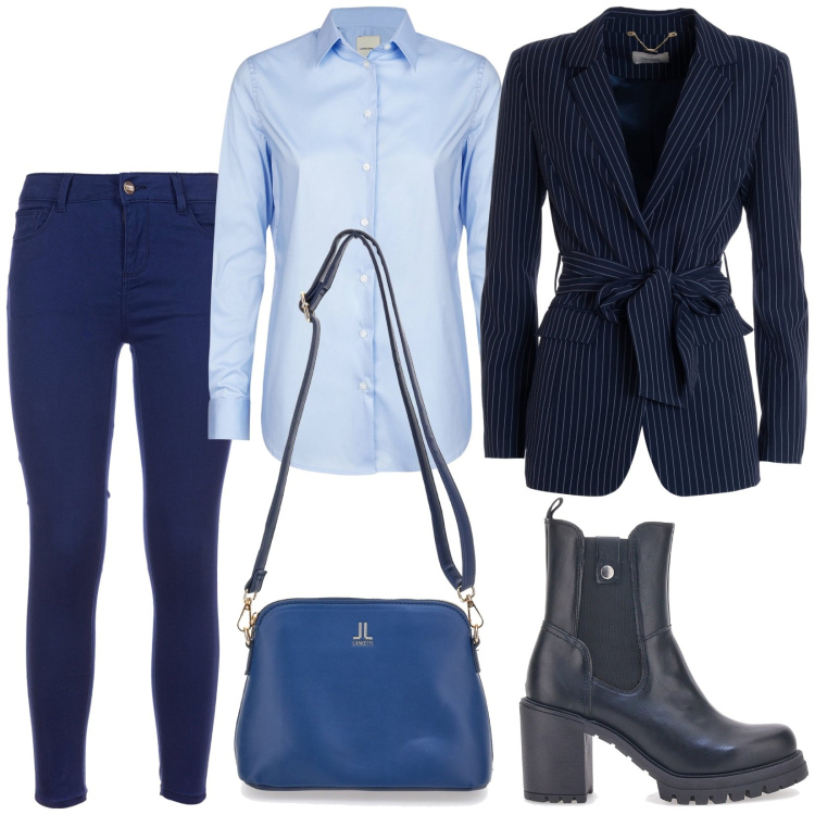 Outfit donna - La giacca gessata. Stile Casual chic per Ufficio. Abbinamento con blazer, jeans skinny, stivaletti, borse a tracolla, camicie.