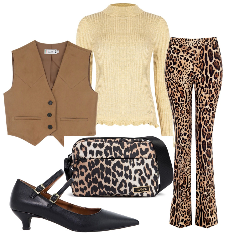 Outfit donna - Il dettaglio animalier. Stile Casual per Tutti i giorni. Abbinamento con décolleté, pantaloni, maglieria, gilet, borse a spalla.