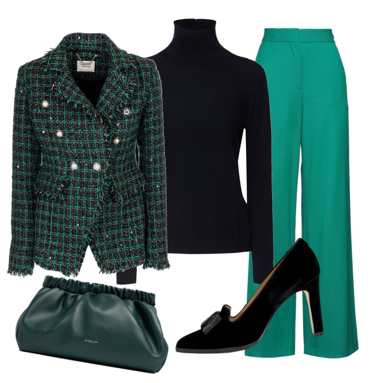 Outfit donna - Elegante in verde e nero. Abbinamento con pantaloni, blazer, décolleté, pochette, maglieria.