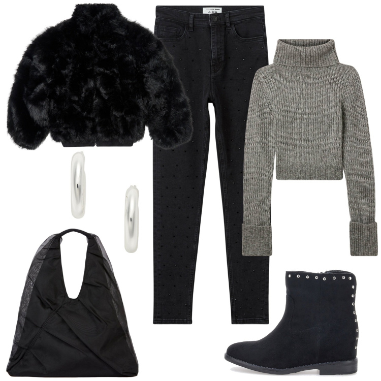 Outfit donna - Singles\' Day Bantoa. Stile Casual chic per Tutti i giorni. Abbinamento con jeans skinny, ecopellicce, maglieria, orecchini, shopping bag, stivaletti.