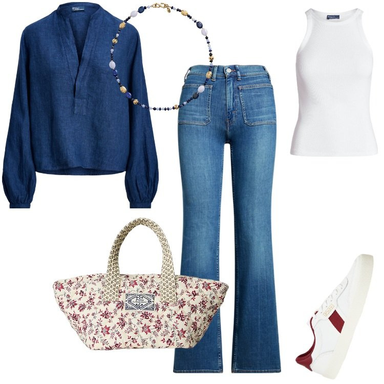 Outfit donna - Total look #1994245. Stile Etnico per Tutti i giorni. Abbinamento con canottiere, jeans bootcut, camicie, collane, sneakers, borse tote.