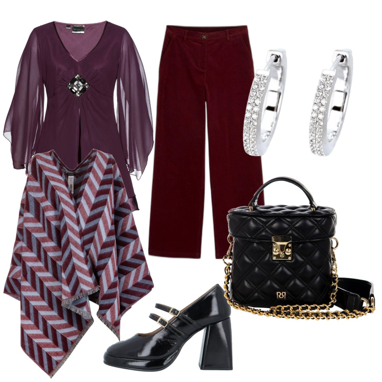 Outfit donna - Eleganza in bordeaux #Curvy plus. Stile Chic per Serata fuori. Abbinamento con tuniche, pantaloni, décolleté, orecchini, borse a mano, cappe.