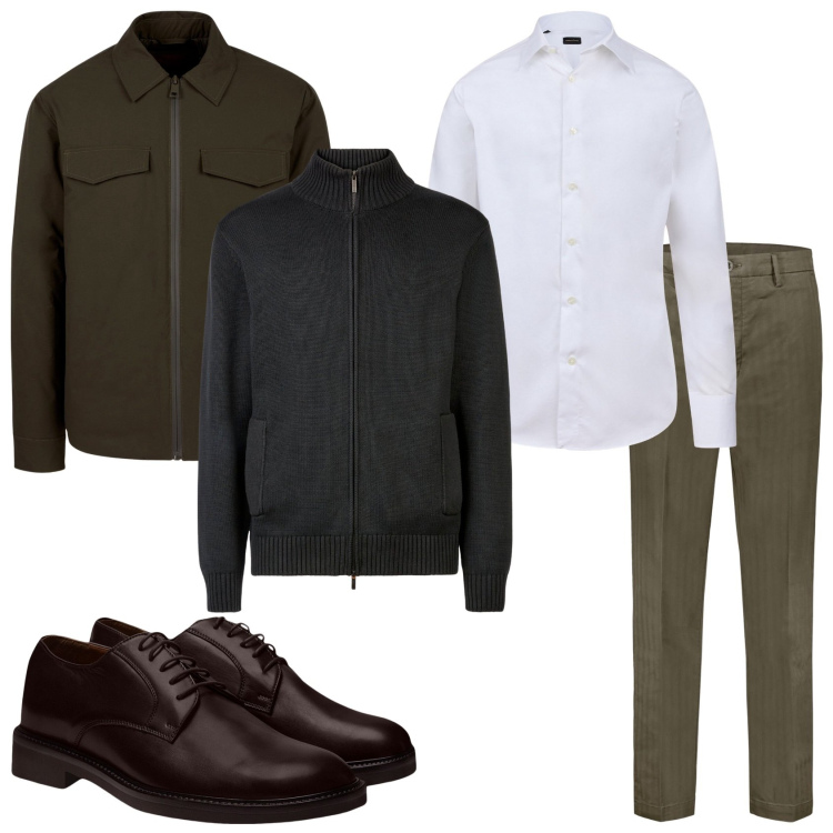 Outfit uomo - In eleganza glam. Stile Trendy per Tutti i giorni. Abbinamento con pantaloni, cardigans, camicie, piumini, scarpe stringate.