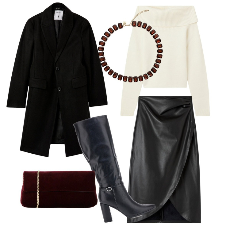 Outfit donna - Singles\' Day. Stile Casual chic per Serata fuori. Abbinamento con maglieria, gonne, cappotti, collane, pochette, stivali.