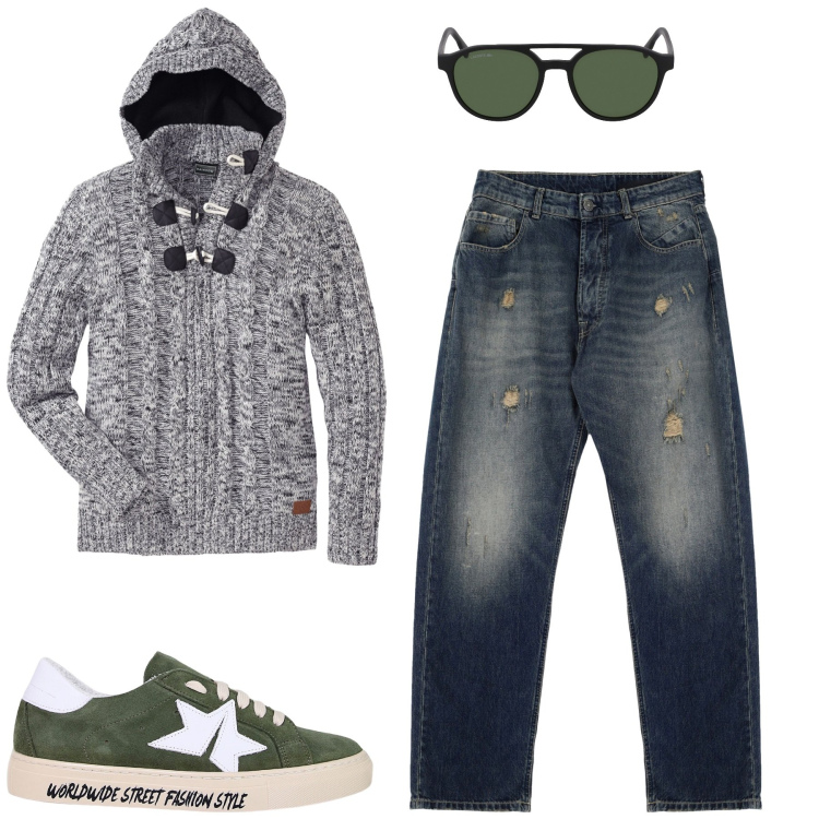 Outfit uomo - Total look #1994263. Stile Casual per Tutti i giorni. Abbinamento con maglieria, jeans strappati, sneakers, occhiali da sole.