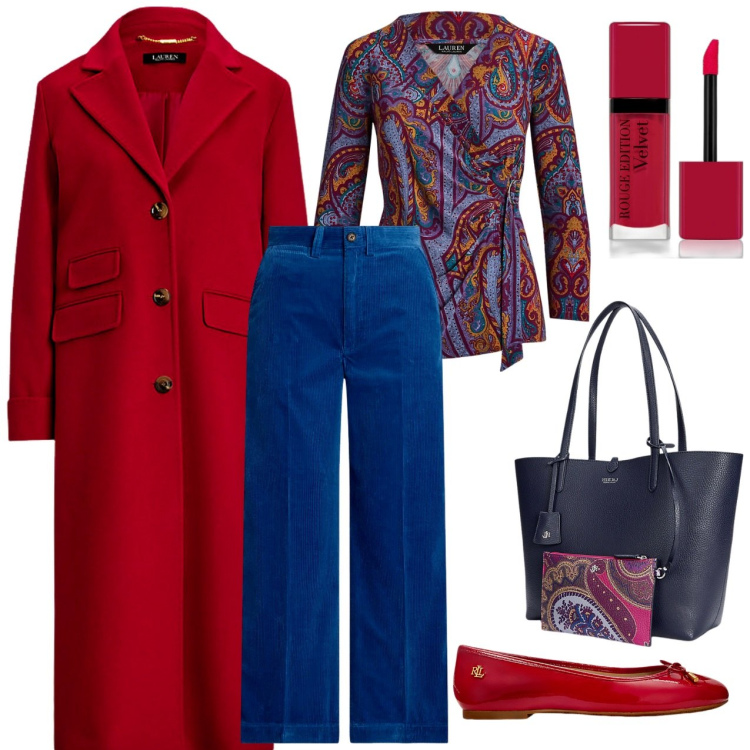 Outfit donna - Velluto blu. Stile Bon Ton per Tutti i giorni. Abbinamento con rossetti, ballerine, pantaloni, borse tote, top, cappotti.