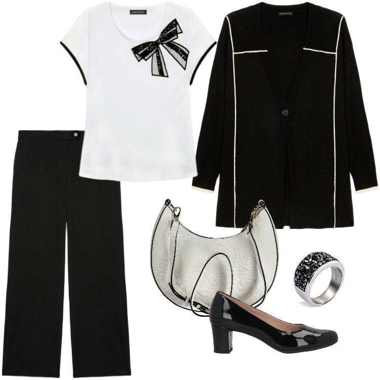 Outfit donna - Total look #1994278. Stile Casual chic per Ufficio. Abbinamento con anelli, décolleté, t-shirt, pantaloni a palazzo, cardigans, borse a spalla.