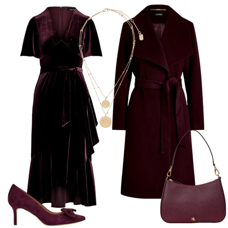 Outfit donna - Velluto rosso violaceo. Stile Chic per Serata fuori. Abbinamento con ciondoli, vestiti, cappotti, décolleté, borse a tracolla.