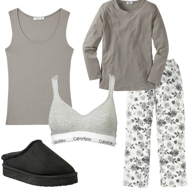 Outfit donna - Rimango a casa in pigiama. Stile Casual per Tutti i giorni. Abbinamento con pigiama, sabot, canottiere, bralette.