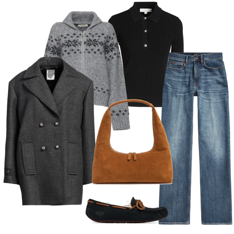 Outfit donna - Ready for snow. Stile Casual per Tutti i giorni. Abbinamento con pullovers, caban, jeans dritti, mocassini, cardigans, borse a spalla.