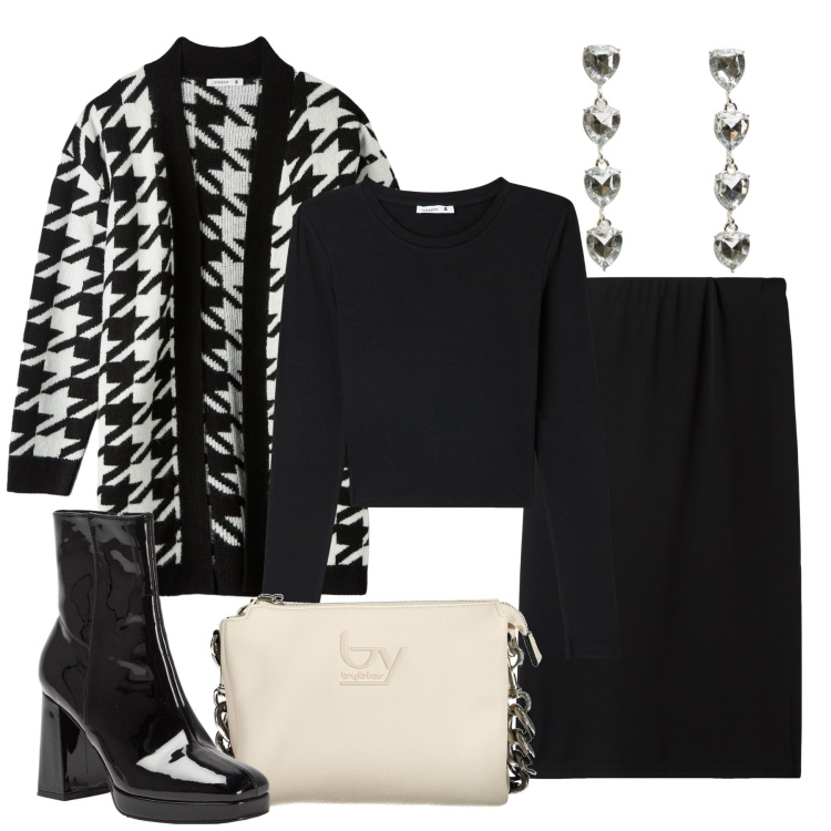 Outfit donna - Pied de Poule. Stile Chic per Tutti i giorni. Abbinamento con orecchini, gonne longuette, cardigans, stivaletti, t-shirt, borse a spalla.