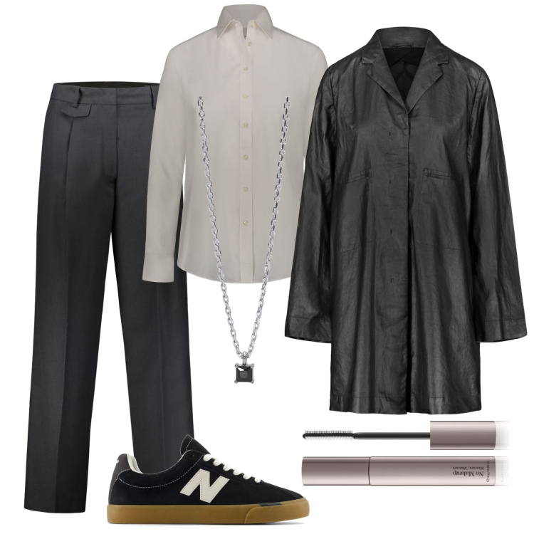 Outfit donna - Il soprabito basico con effetto lucido. Stile Mannish per Ufficio. Abbinamento con mascara, collane, sneakers, pantaloni, trench, camicie.