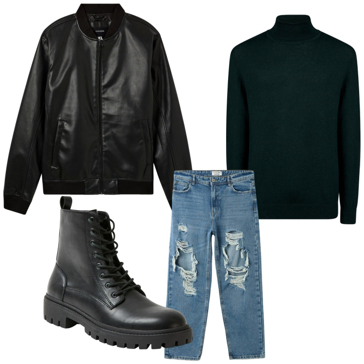 Outfit uomo - Biker. Stile Biker Rock per Tutti i giorni. Abbinamento con bomber, anfibi, jeans strappati, maglieria.