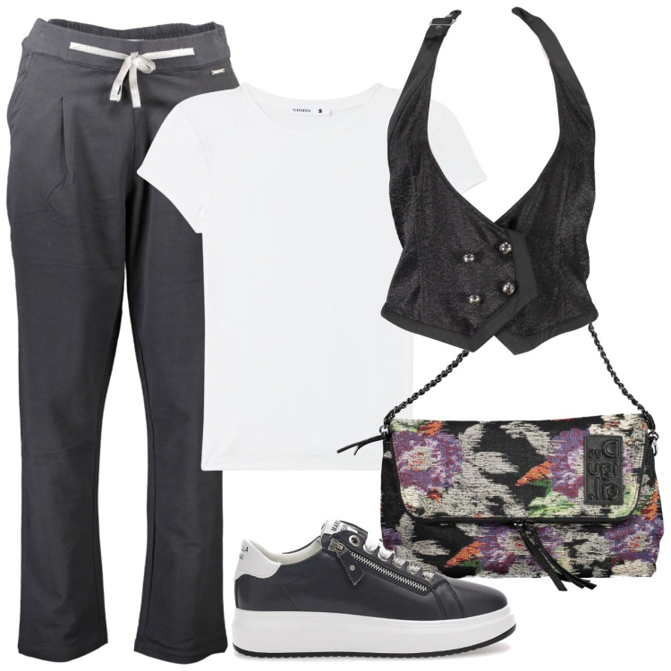 Outfit donna - T-shirt e gilet. Stile Casual per Scuola/Università. Abbinamento con t-shirt, sneakers, gilet, pantaloni, borse a mano.