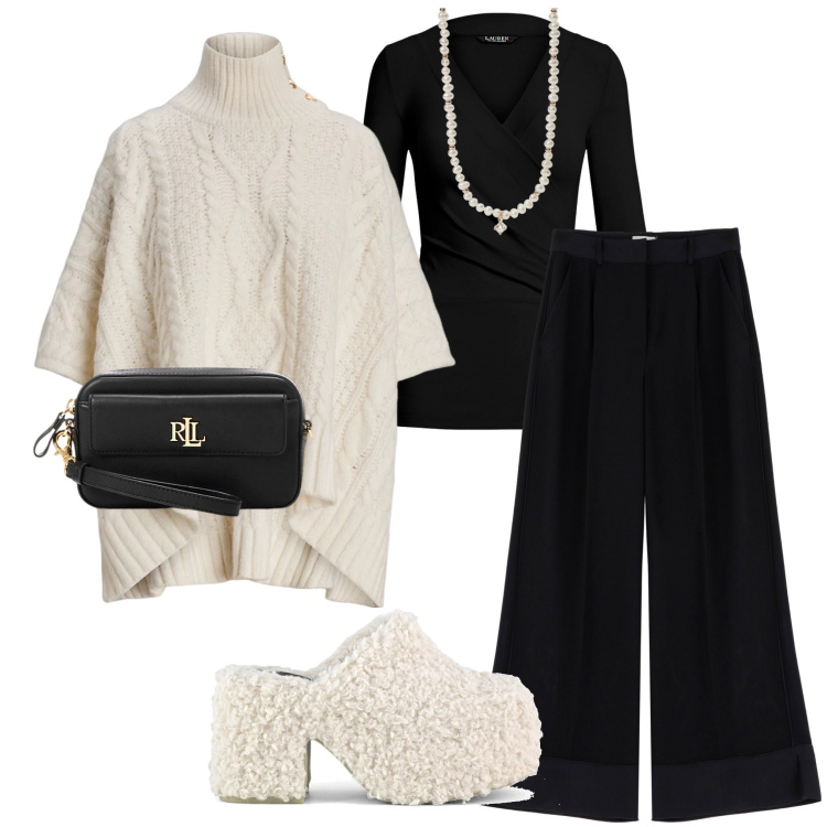 Outfit donna - It\'s bantoa. Stile Glamour per Tutti i giorni. Abbinamento con collane, pantaloni, top, pochette, cappotti, sabot.
