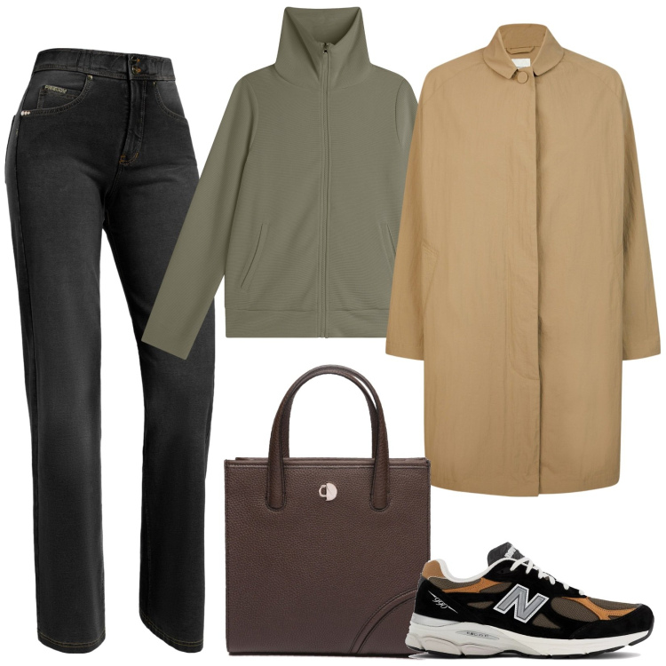Outfit donna - Minimalismo. Stile Minimal per Tutti i giorni. Abbinamento con sneakers, felpe, jeans, trench, shopping bag.