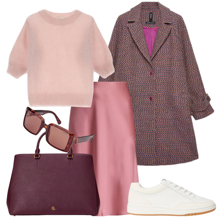 Outfit donna - Total look #1994411. Stile Casual chic per Ufficio. Abbinamento con maglieria, borse a mano, gonne, sneakers, cappotti, occhiali da sole.