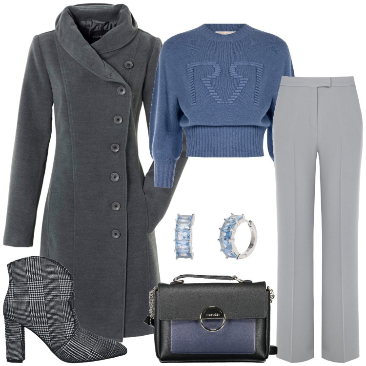 Outfit donna - Carta da zucchero. Stile Chic per Tutti i giorni. Abbinamento con cappotti, stivaletti, orecchini, maglieria, pantaloni a palazzo, borse a tracolla.