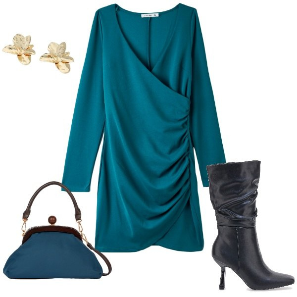 Outfit donna - Il vestito verde petrolio. Stile Sexy per Serata fuori. Abbinamento con vestiti corti, orecchini, stivali, clutch.