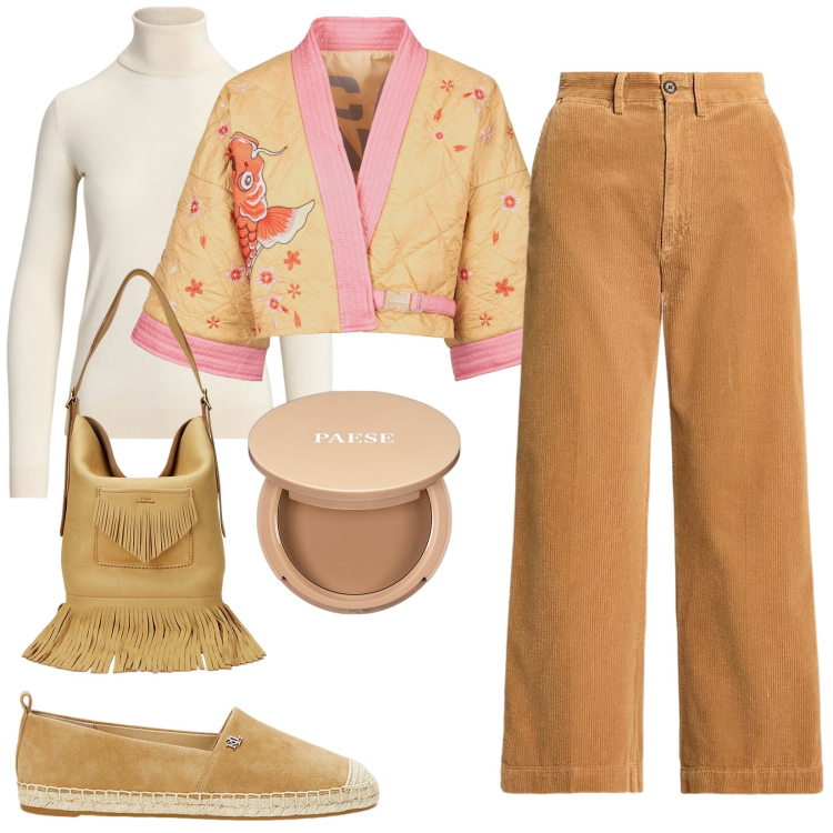 Outfit donna - Pantaloni velluto. Stile Trendy per Tutti i giorni. Abbinamento con ciprie, maglieria, pantaloni, espadrillas, borse a secchiello, kimono.