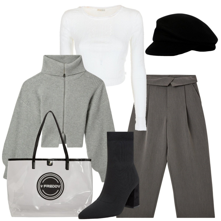 Outfit donna - Cappello in città. Stile Trendy per Tutti i giorni. Abbinamento con pantaloni, stivaletti, cardigans, top, shopping bag, berretti.